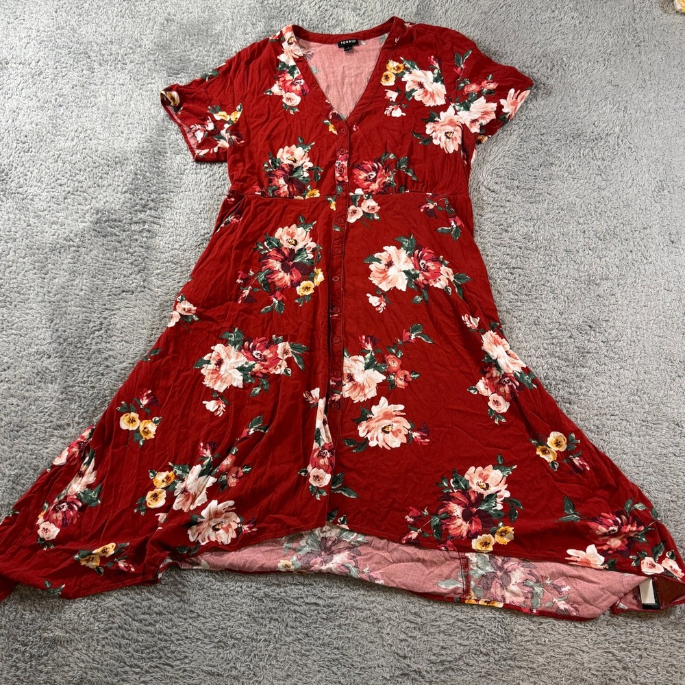 Torrid Dress 1 Red Floral Button Front High Low V-Neck Short Sleeve Rayon Plus